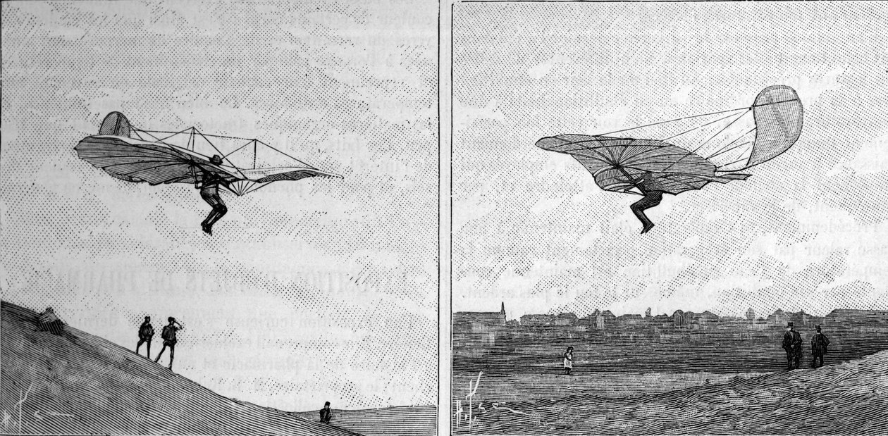 O avião voador de Otto Lilienthal (1848-1896), pioneiro da aeronáutica alemã, em duas posições diferentes (a partir de uma fotografia instantânea). Gravura em "La Nature: Revue des sciences et de leurs applications aux arts et a l