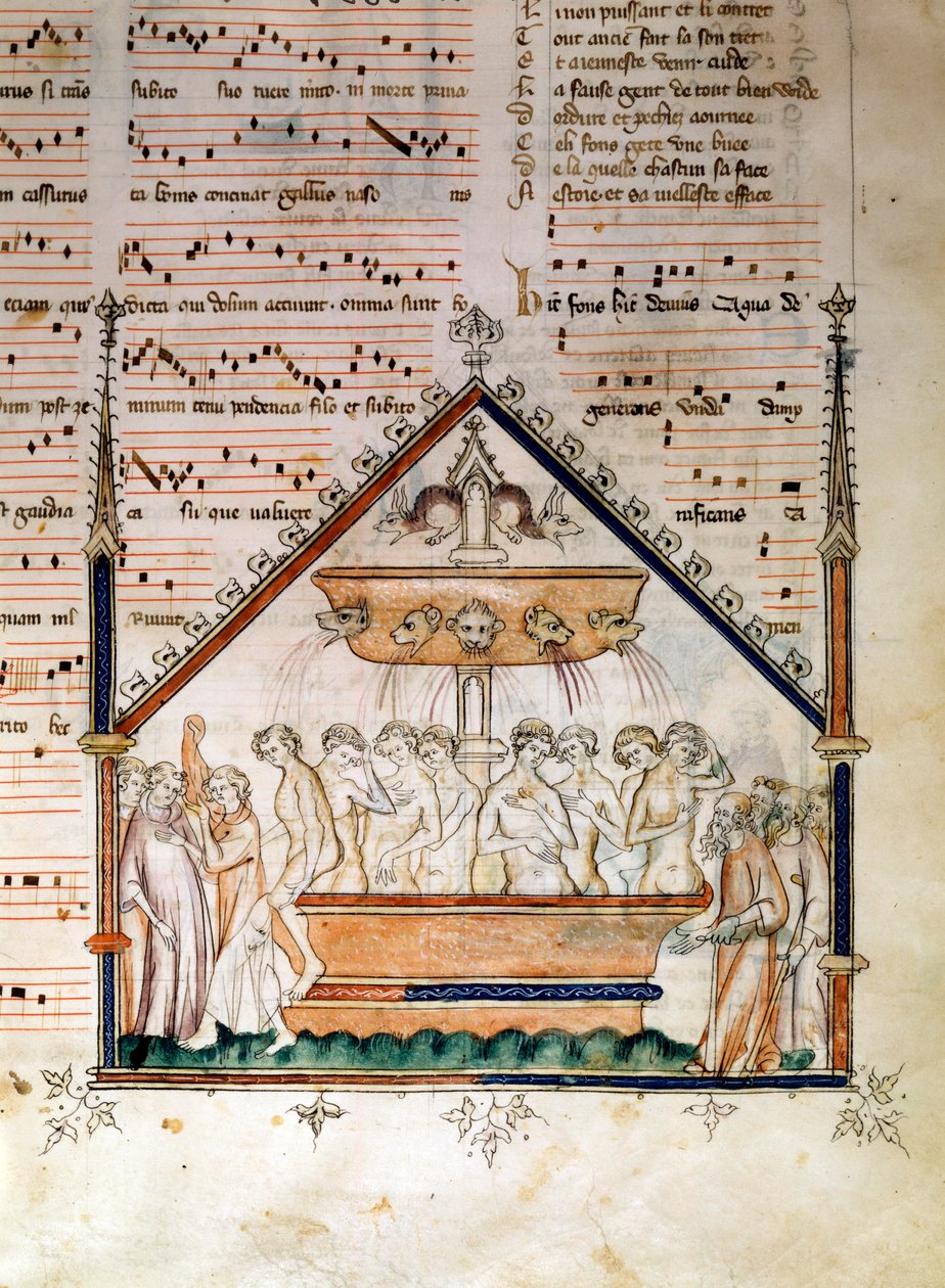 A fonte da juventude Violente critica, aqui na conquista dos imortais, contra o abuso de poder e a corrupção da sociedade de Filipe, o Belo. Miniatura do manuscrito "Le roman de fauvel" de Gervais du Bus (Gerves du Bus) de Unknown artist