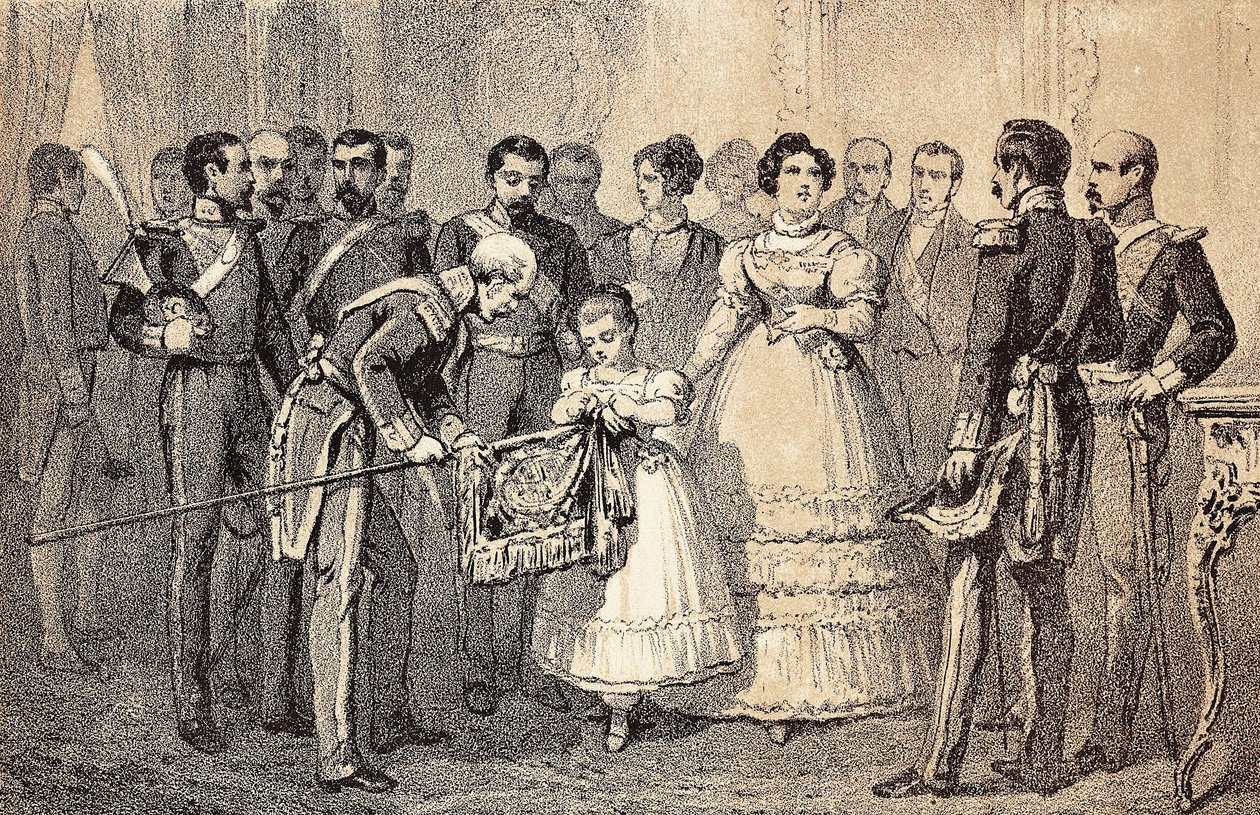 A futura Rainha de Espanha Isabel II (Isabel de Bourbon) (1830-1904) (Isabel II de Espana) decorando a bandeira das Lanças da Guarda da Ordem de São Fernando. Litografia. de Unknown artist