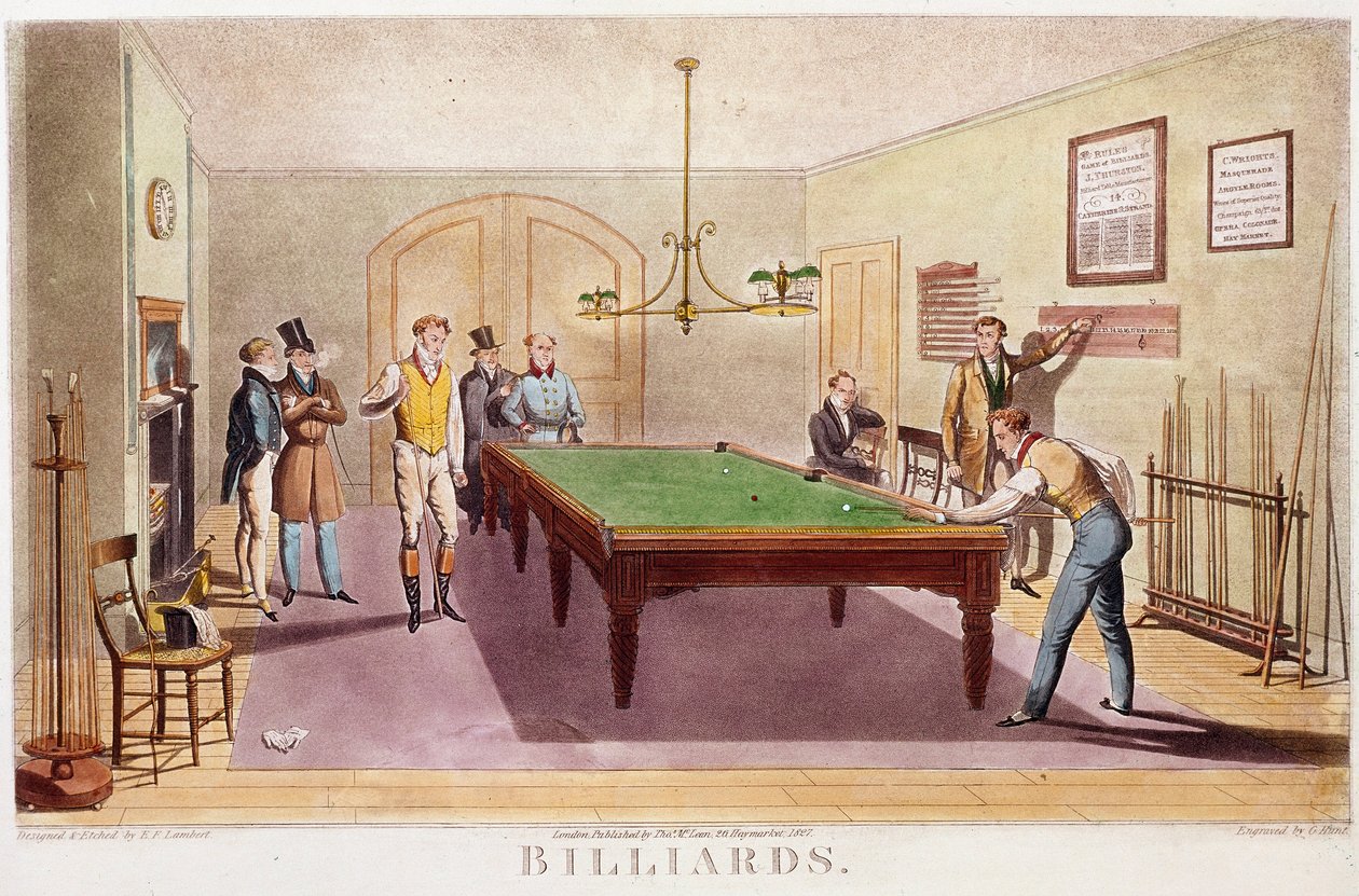 O jogo de bilhar dos Gentilmen da alta sociedade inglesa jogando bilhar. Gravura de 1827. Coleção Privada de Unknown artist