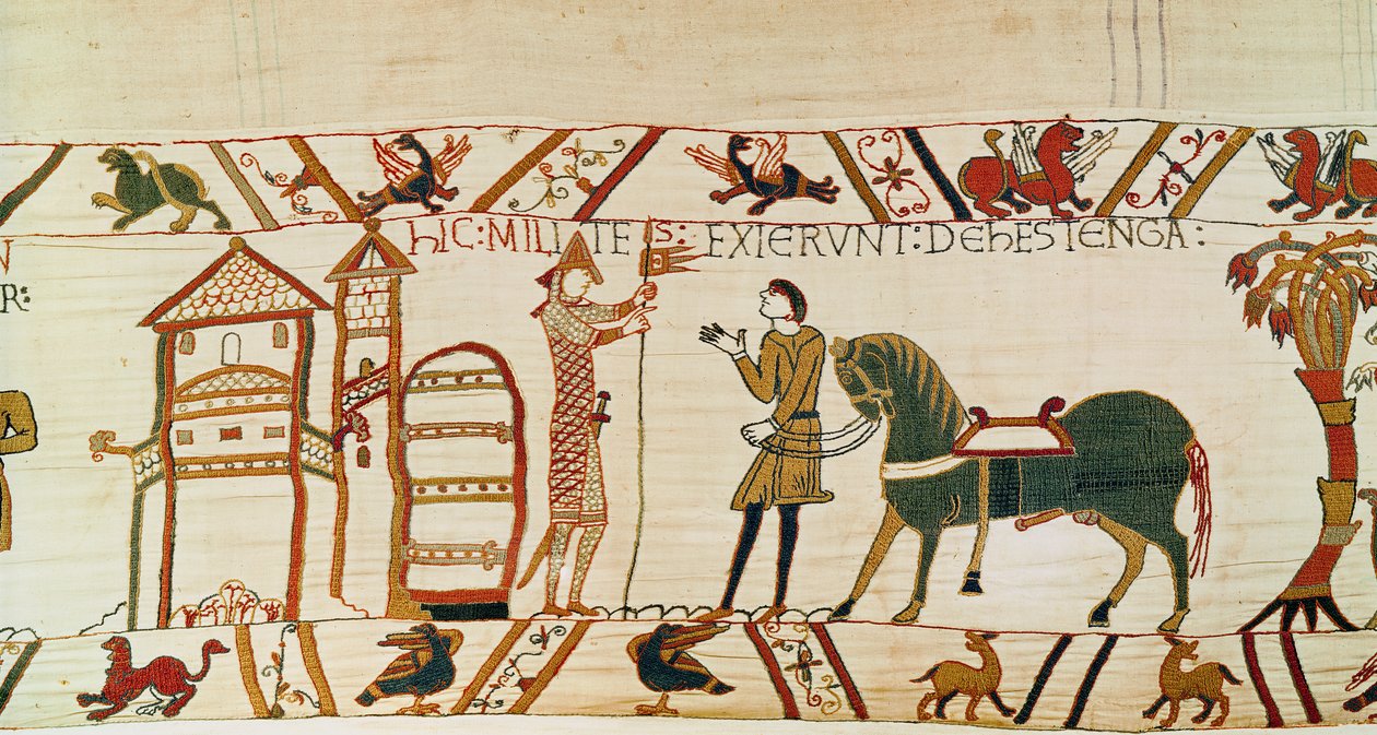 A porta de Hastings abre-se para os normandos marcharem contra Harold, Bayeux Tapestry (bordado de lã em linho) de Unknown artist