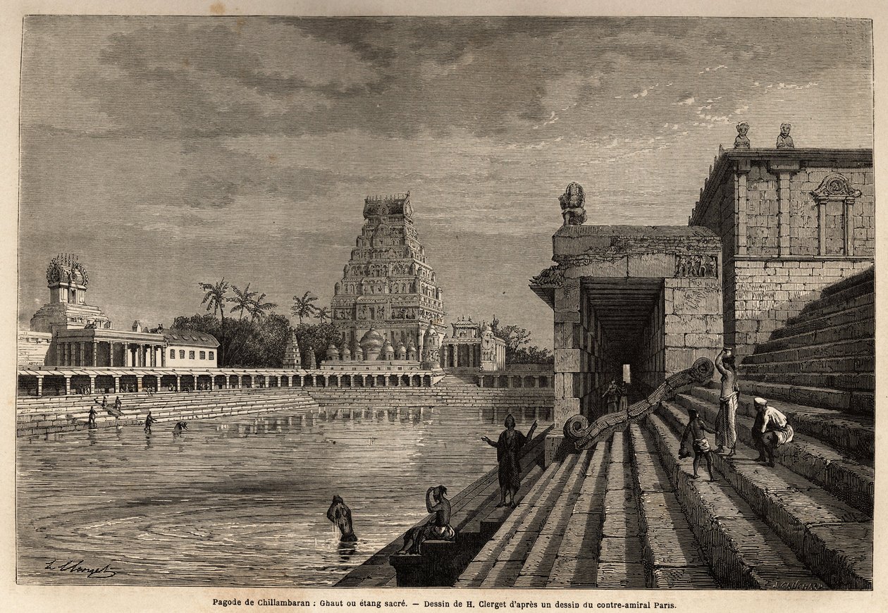 O ghaut ou lago sagrado do Chillambaran Pagoda, localizado no Golfo de Bengala, perto de Pondichery (Pondicherry) (Índia); alguns fideles descem a monumental escadaria para tomar um banho ou realizar abluções de limpeza. Gravura para ilustrar uma expedição de Unknown artist