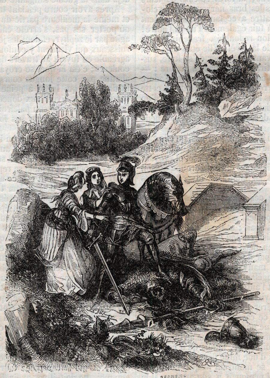 O gigante Eriphile derrotado por Roger (Ruggero, Ruggiero) - gravura de 1851 de "Furious Roland" (Orlando furioso) (século XVI) de Ludovico Ariosto, conhecido como Ariosta - Edição traduzida do italiano pelo Conde de Tressan e publicada por Gust de Unknown artist