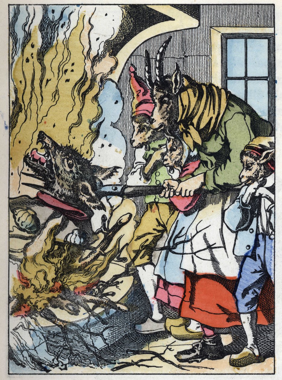 O bode mata o lobo na chaminé. Ilustração do conto "Compere le Loup, Maitre Renard, Comere la Chevre et ses petits biquets" depois de uma fábula de Jean de la Fontaine. Em "Contos da casa para os pequenos". Gravura anónima do 19t de Unknown artist