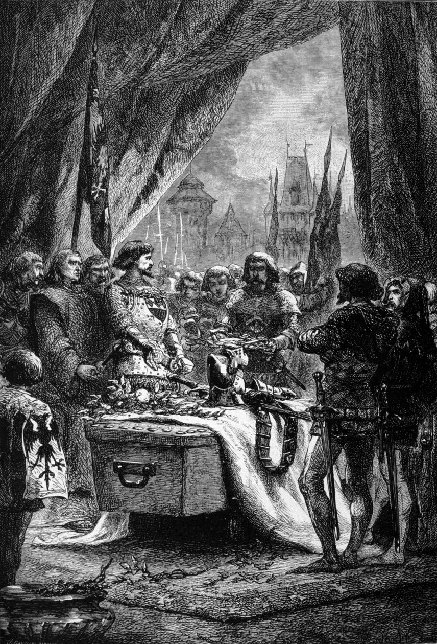 O governador colocou as chaves do Chateauneuf de Randon no caixão de Bertrand Du Guesclin (1320 - 1380), um homem de guerra bretão e um patriota francês contra os ingleses. Gravura do século XIX. de Unknown artist