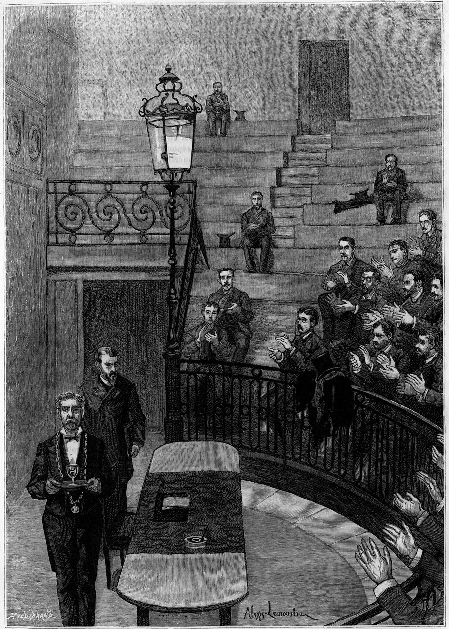 O grande anfiteatro da Faculdade de Medicina do Bairro Latino, em Paris. Gravura na revista "La jeunesse". de Unknown artist