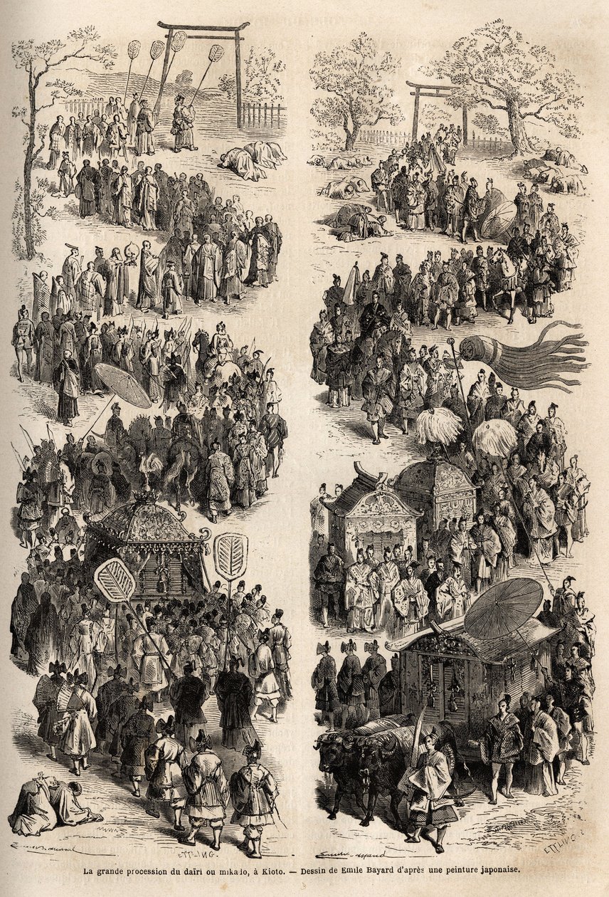 A grande procissão do Mikado (Imperador do Japão), no dairi, o antigo castelo imperial de Heian-kyo (Heian Kyo, hoje Kyoto) de 794 a 1869. Gravura para ilustrar a viagem ao Japão em 1863-1864, de Aime Humbert, ministro da Suíça. de Unknown artist