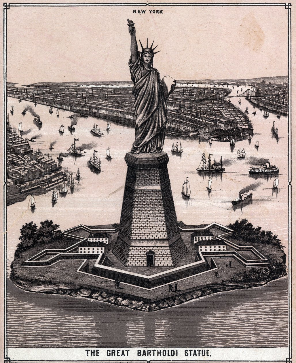 A grande estátua de Bartholdi em Nova York, EUA em "The world illustrates 168 views" Sem data (final do século XIX) de Unknown artist