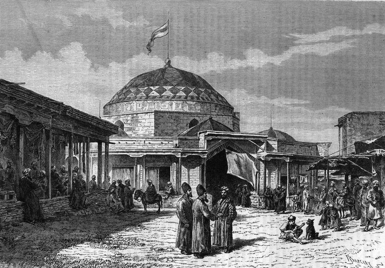 O grande bazar de Samarkand (Samarqand ou Samarkand) no Uzbequistão, no século XIX. Gravura em "le journal de la Jeunesse" de 1888. de Unknown artist