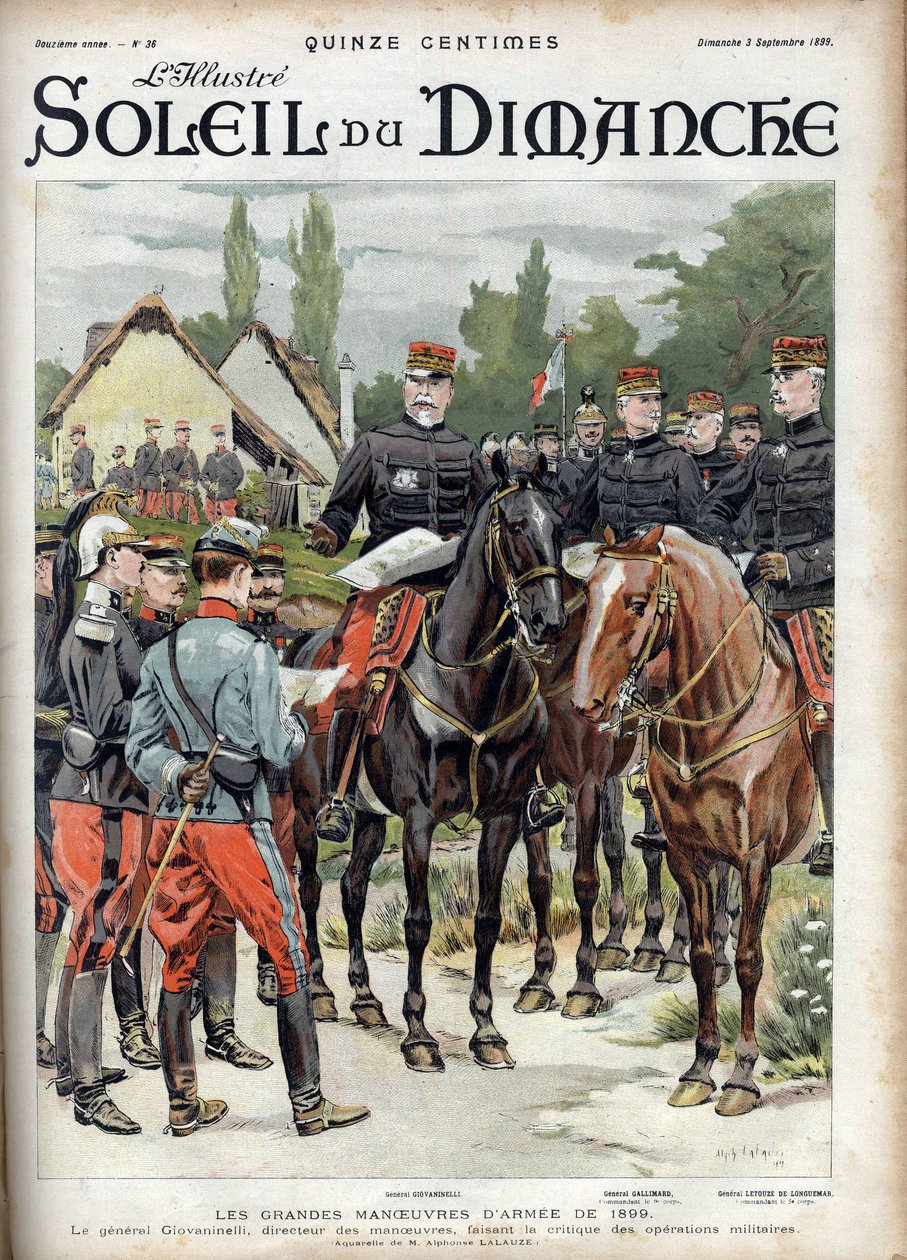 As grandes manobras do exército de 1899. O General Giovaninelli, diretor de manobras, criticando as operações militares. Gravação em "Le sun-du-dimanche", a 3 de Setembro de 1899. de Unknown artist