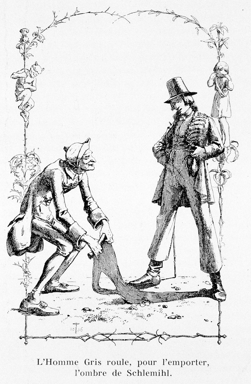 O homem cinzento rola, para vencer, a sombra de Schlemihl - em "A maravilhosa história de Pierre Schlemihl" de Aldebert Von Chamisso de Unknown artist