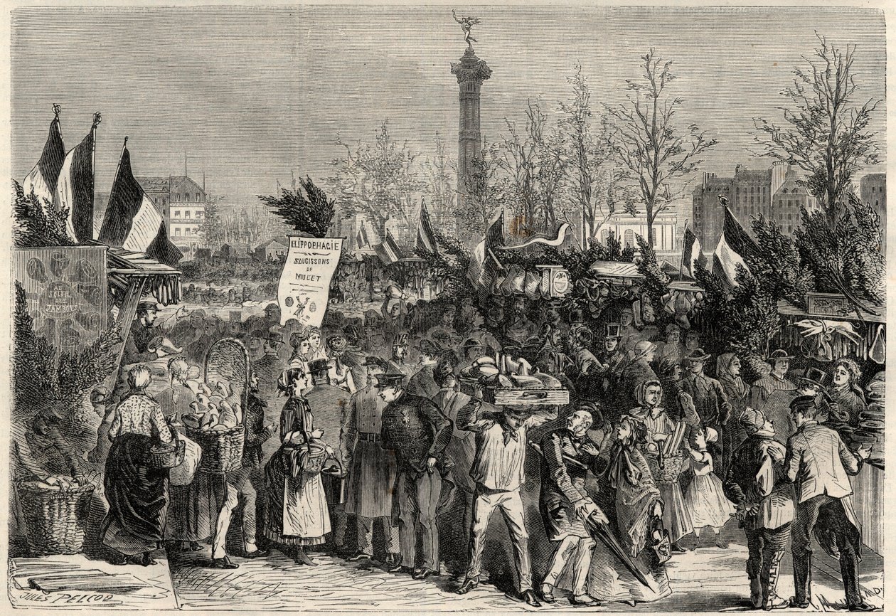 A feira do presunto, Boulevard Bourdon, no 4º arrondissement de Paris, perto da Place de la Bastille. Um cartaz anuncia a carne de tainha (Hippophagia). Gravura em "The Universe illustrious" (O Universo ilustre) de Unknown artist