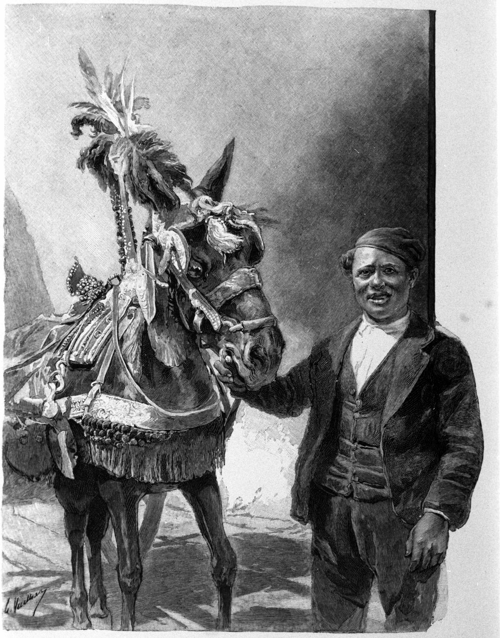 O arreio do burro dos tanques sicilianos durante as celebrações tradicionais. A gravura do século XIX de Unknown artist