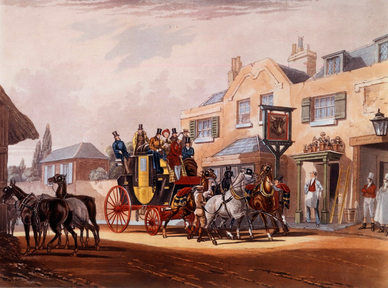 O revezamento de um cavalo de diligência durante uma paragem numa estalagem. Estampas da Colecção Privada do século XIX de Unknown artist