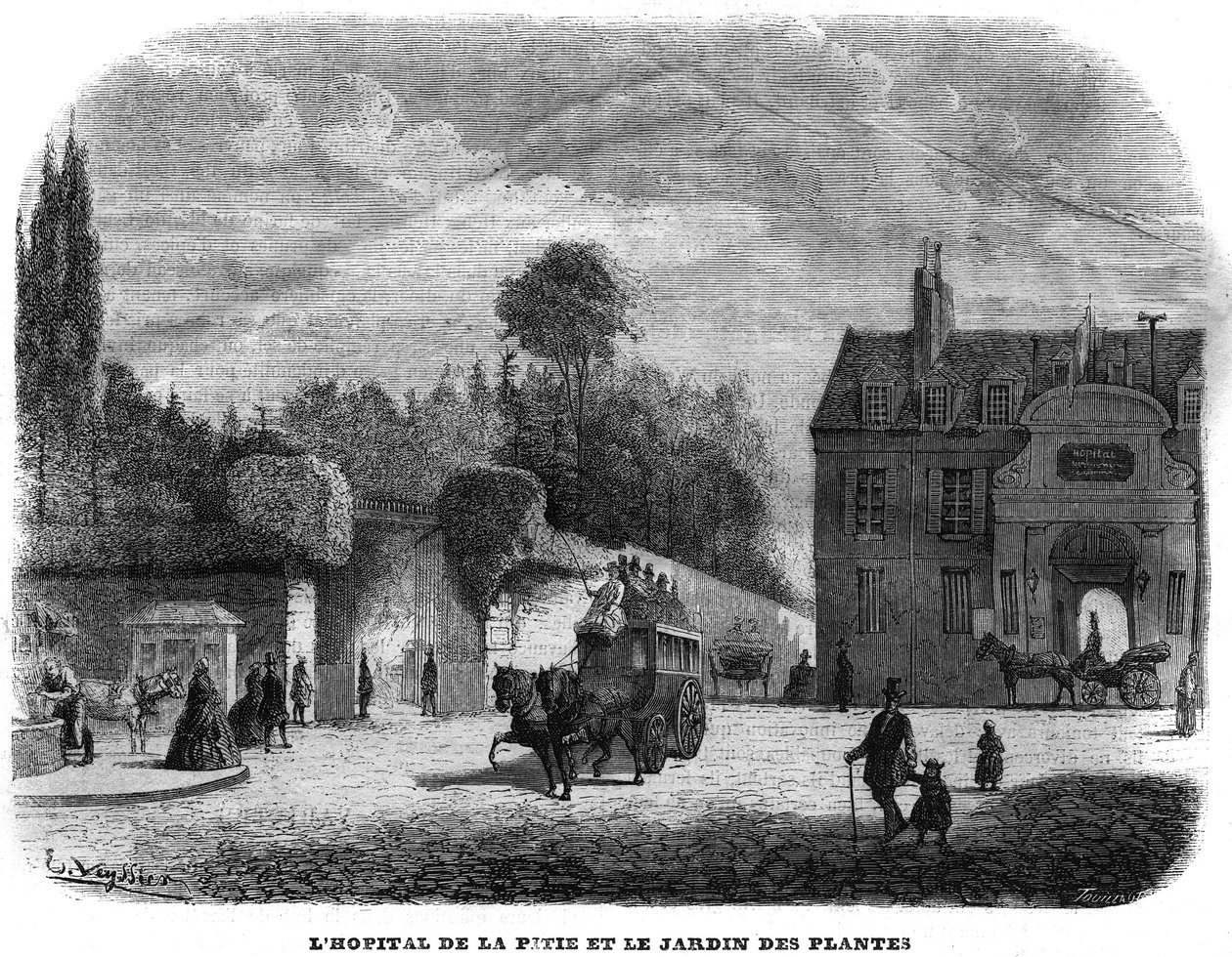 O hospital de pitie salpetriere (PITIE-SALPETRIERE) e o jardim de plantas em Paris, em 1858. de Unknown artist