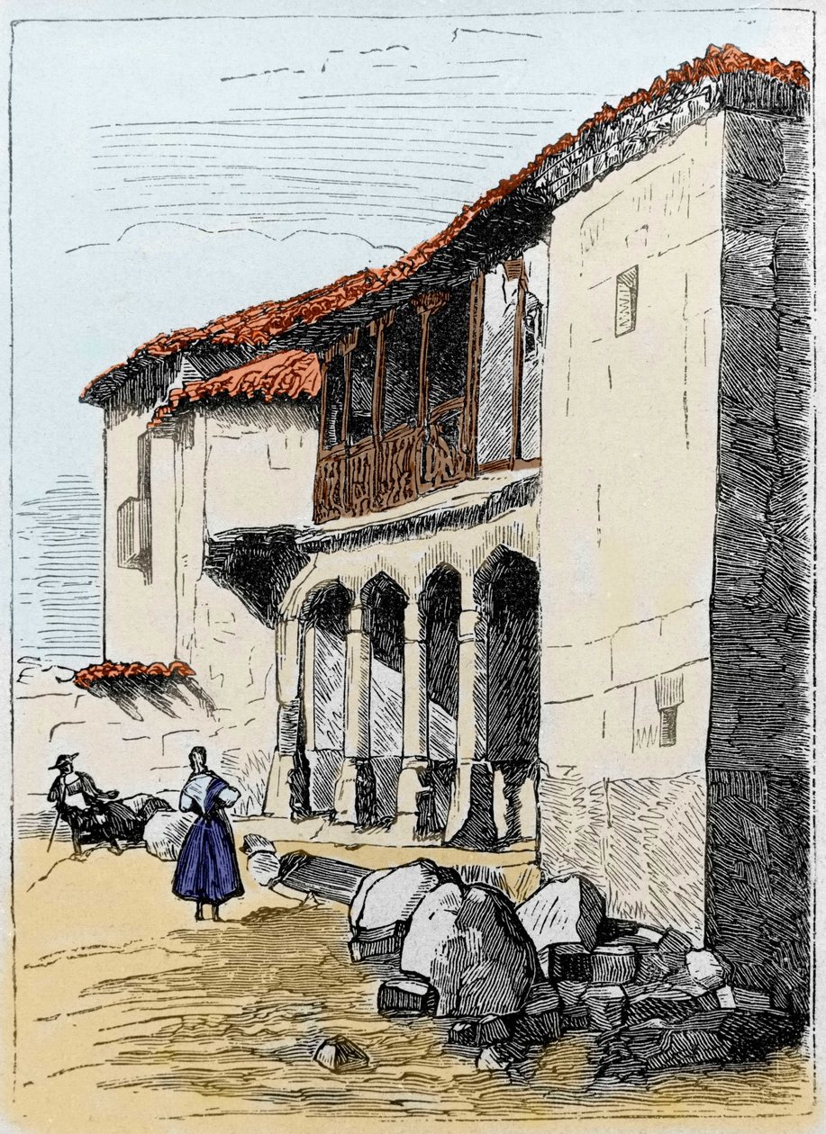 A casa de Sante de Valcuebo em Salamanca onde Cristóvão Colombo realizou a sua primeira conferência. Gravura do século XIX de Unknown artist