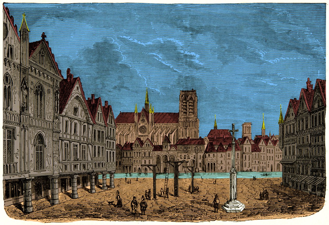 A casa com os pilares ou casa do Dauphin, antigo e primeiro hotel da cidade de Paris na Idade Média, gravura do século XIX de Unknown artist