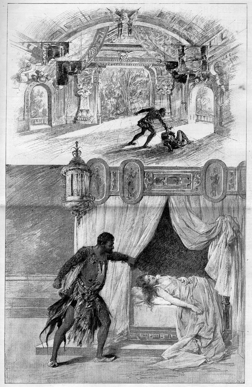 O ilustre teatro: Otello (Othello), ópera de Giuseppe Verdi (1813-1901), compositor italiano, representado no Scala Theatre de Milão, em 12 de fevereiro. Gravura em "Le monde illustrious" (O monde ilustre) de Unknown artist