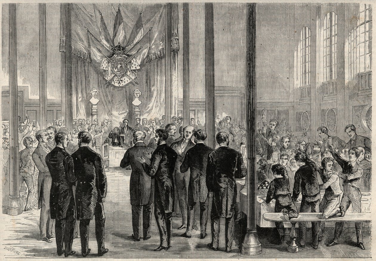 O príncipe imperial Eugênio Luís José (1856-1879) assiste ao banquete de São Carlos Magno em Paris, no Liceu Bonaparte (então Condorcet Lycee). Gravura em "O Universo ilustre". de Unknown artist