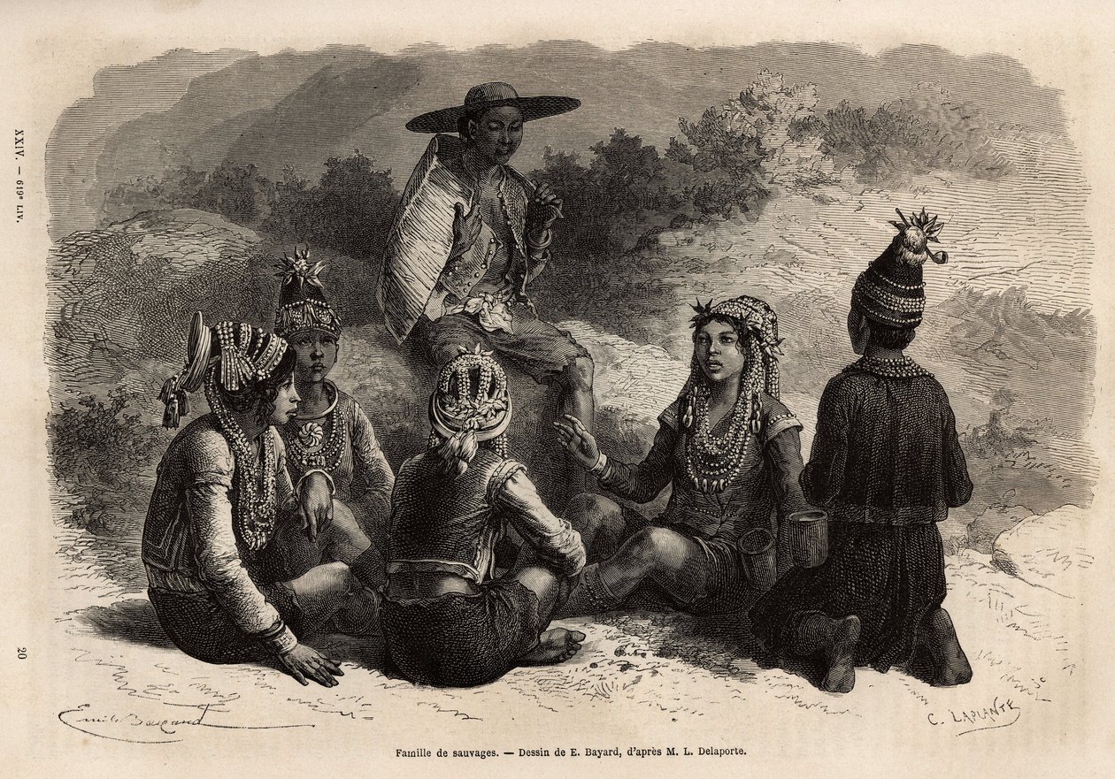 A população indígena de Xieng Hong (Laos), vestindo trajes tradicionais, sobre o casaco, um peito de veludo com enfeites, com saia ou calças curtas completas por um pequeno boné decorado. Gravura para ilustrar a viagem de exploração na Indochina, b de Unknown artist