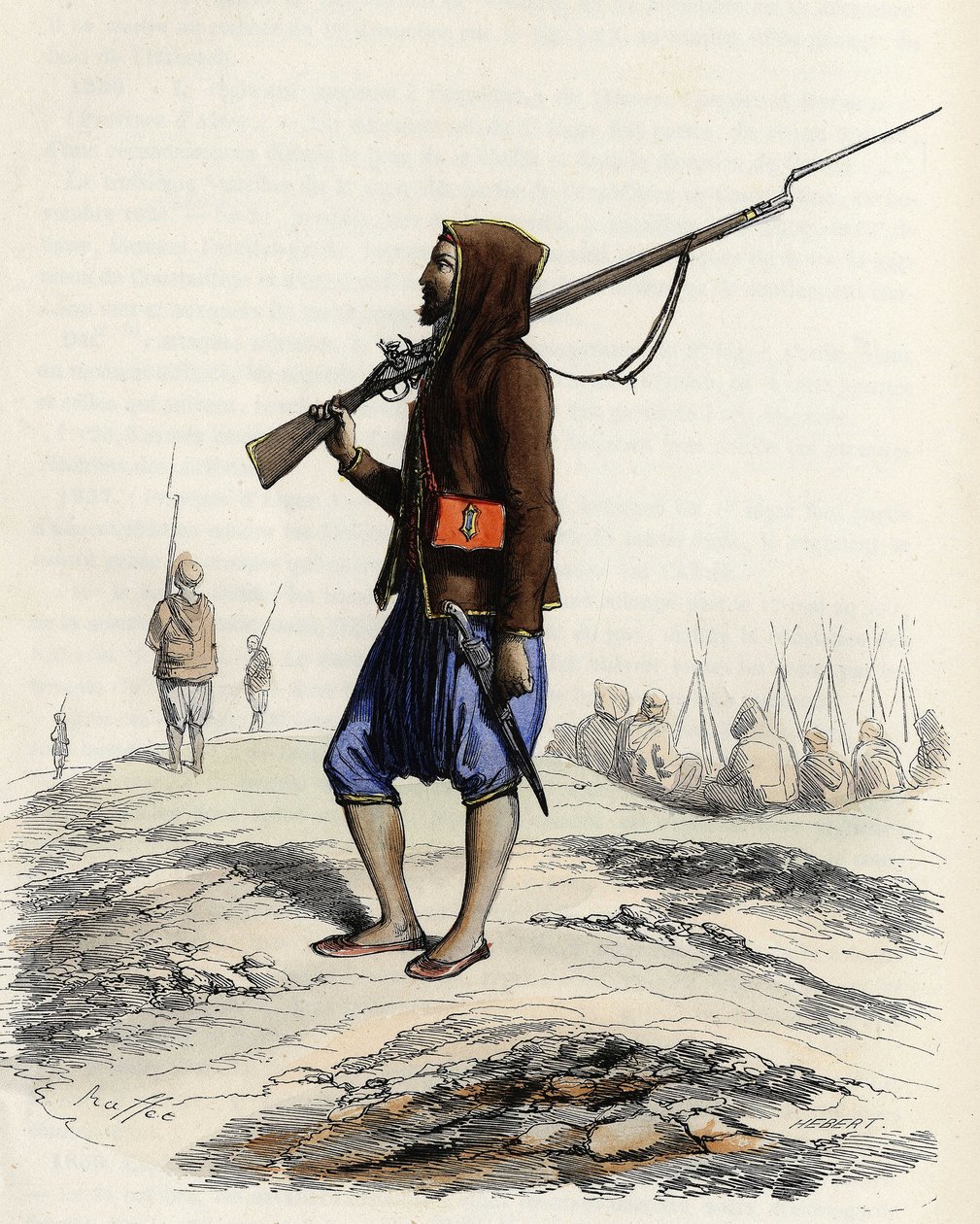 A infantaria do Emir Abd-el-Kader resiste ao exército francês durante a expedição de Argel de 1830. Em "L