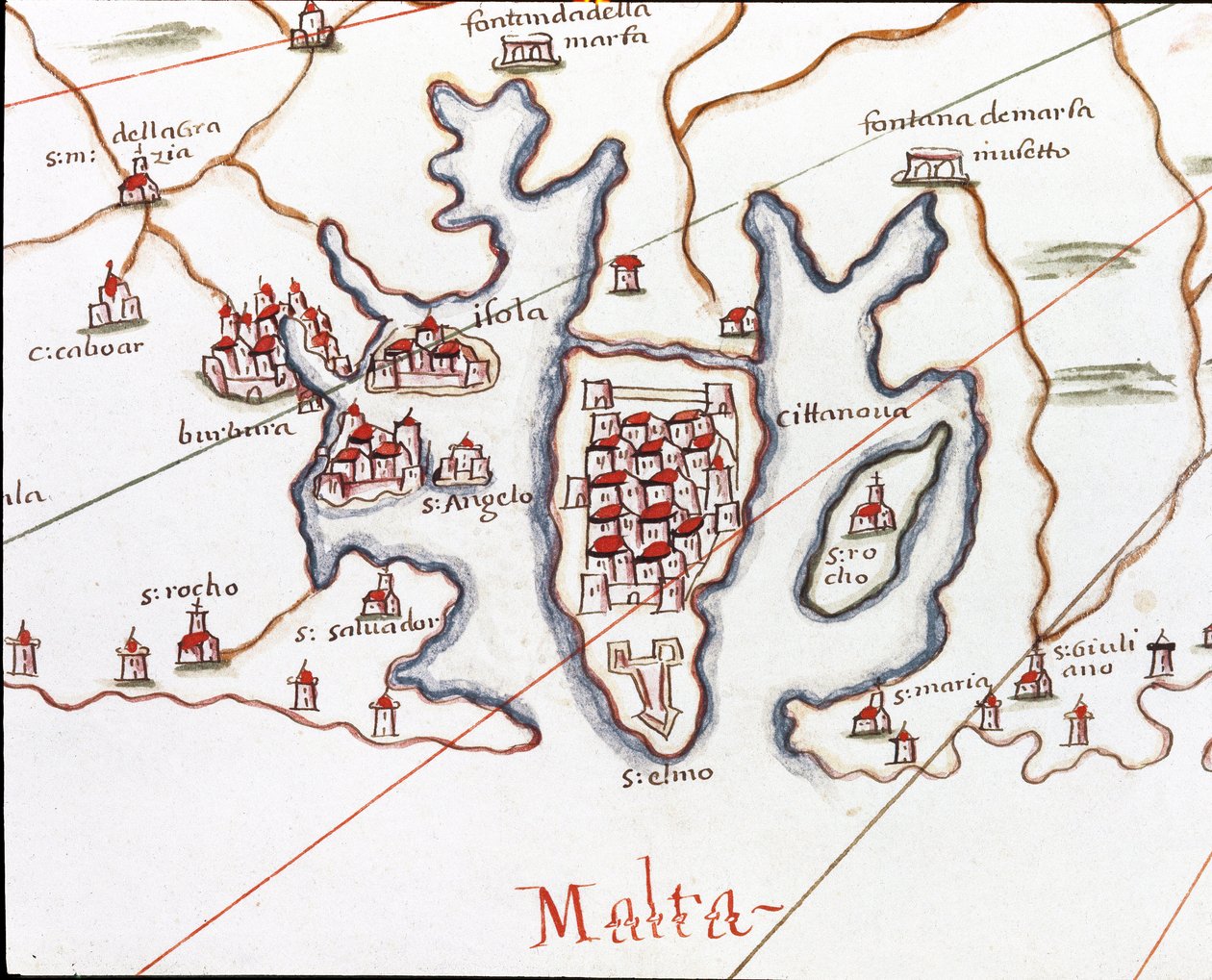 A ilha de Malta, com o Forte St. Elmo (Detalhe do Portulan de Castellini de Unknown artist