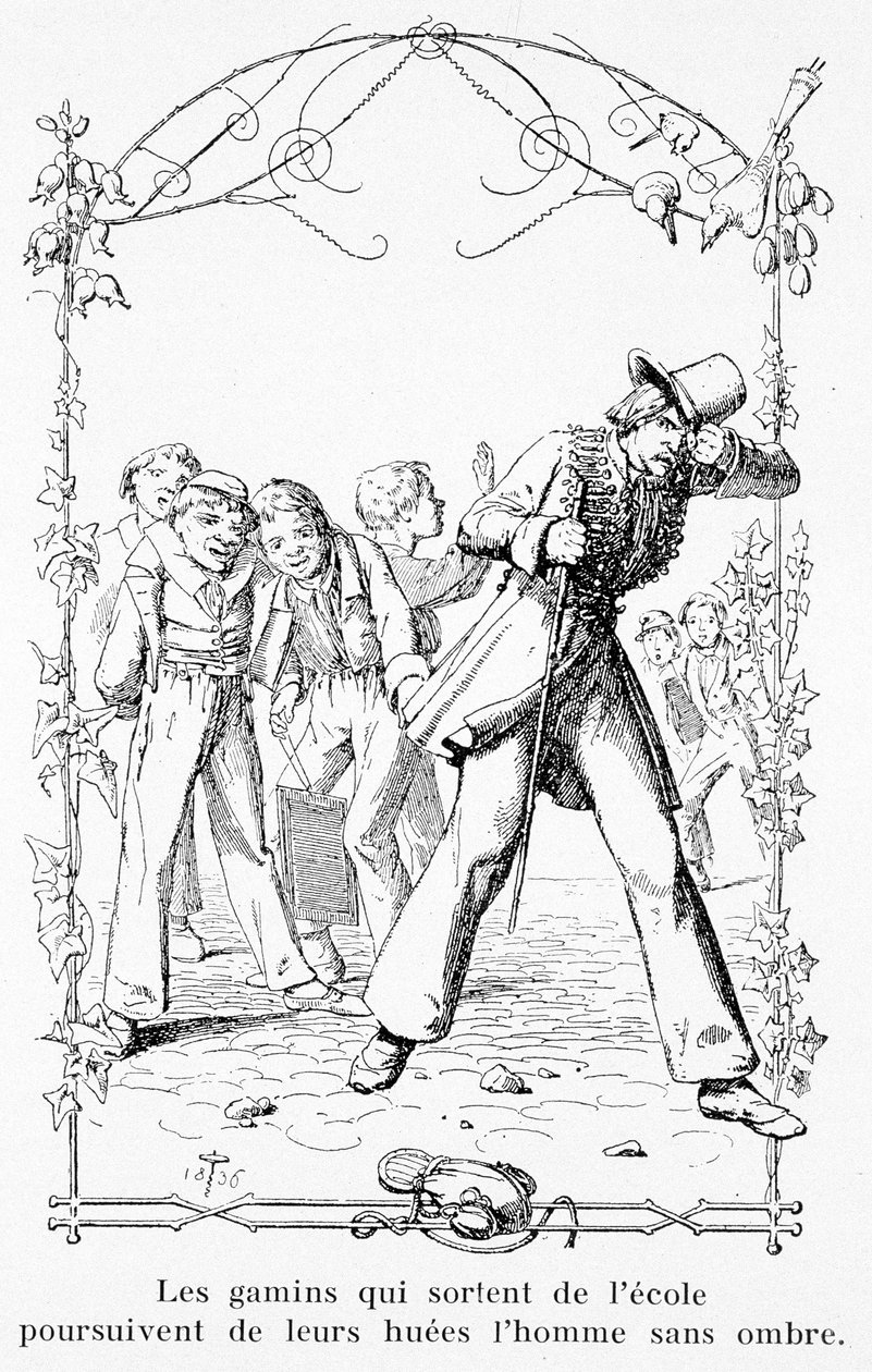 As crianças que saem da escola perseguem o homem sem sombra - em "A maravilhosa história de Pierre Schlemihl", de Aldebert Von Chamisso de Unknown artist