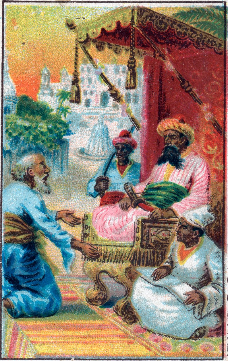 O rei e o índio. Conto "Histoire du cheval enchante" em "Les mille et une nuits "(les 1001 nuits ou Le mille e una notte, Arabian Nights). Cromolitografia do final do século XIX. de Unknown artist
