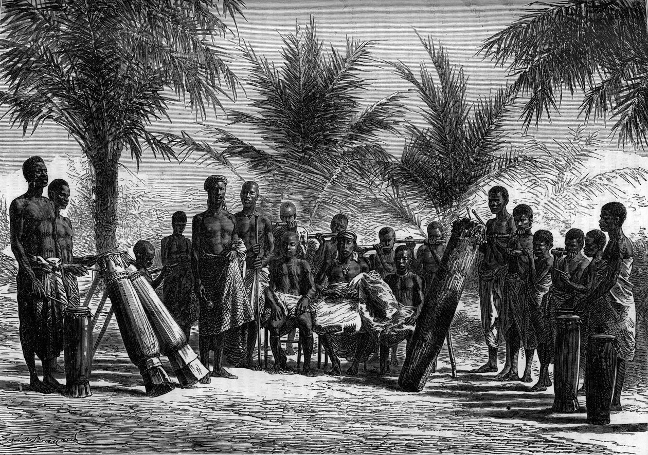 O rei de Grand Bassam está rodeado pela sua corte. Costa do Marfim (Costa do Marfim). Gravura no "Le Journal de la jeunesse". de Unknown artist