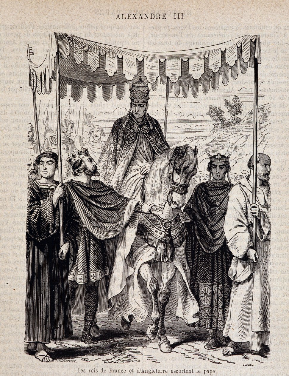 Os reis da França Luís VII o Jovem (1120 - 1180) e Inglaterra escoltam o Papa Alexandre III - no "Histoire des popes", n.d. de Unknown artist