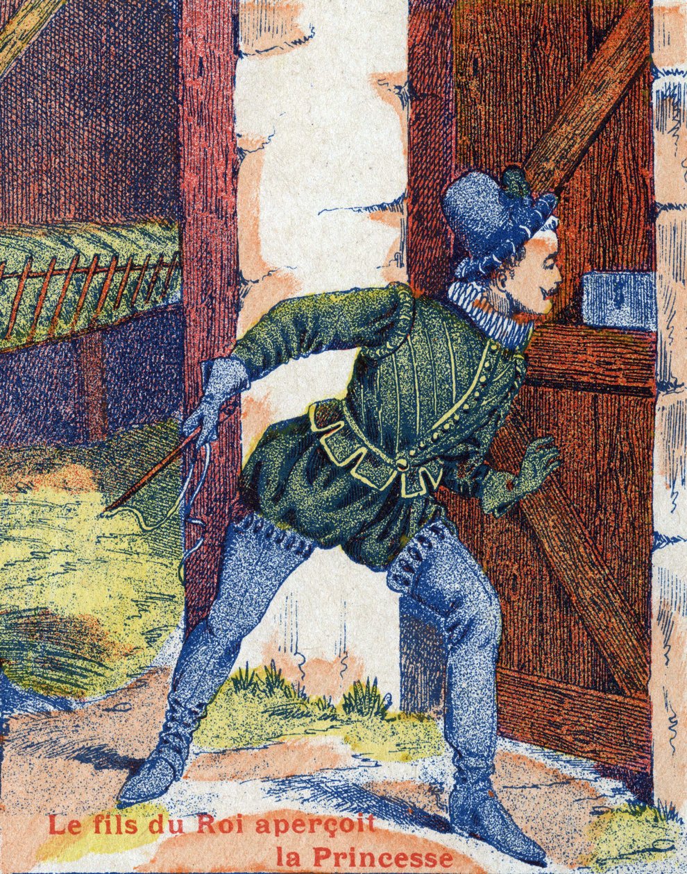 O filho do rei viu a princesa. Ilustração do conto "Donkey Skin" de Charles Perrault (1628-1703), escritor francês. Imagery Marcel Vagne, Jarville Nancy, sem data (final do século XIX). de Unknown artist