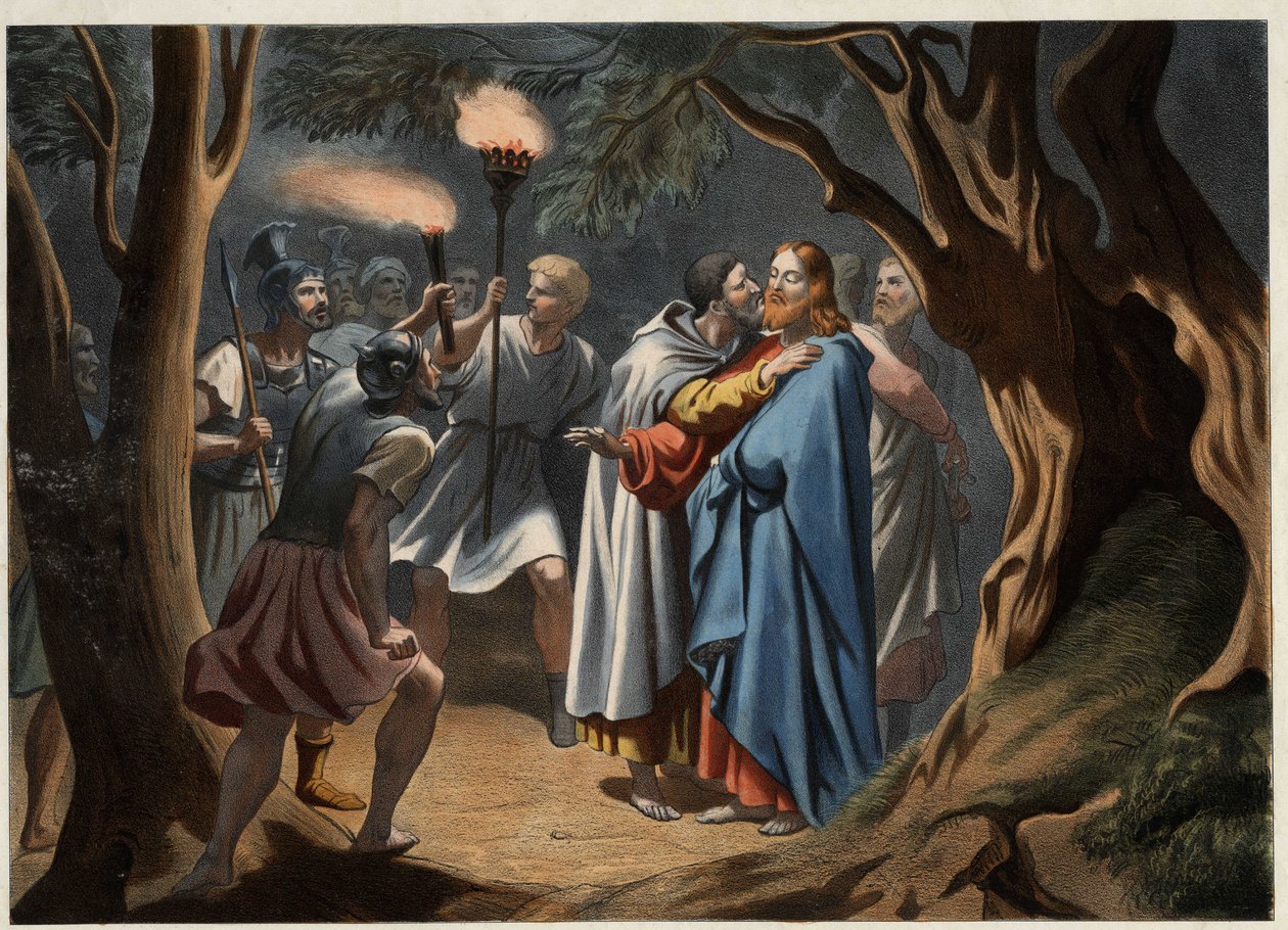O beijo de Judas no Jardim das Oliveiras. Gravura anónima de meados do século XIX. de Unknown artist