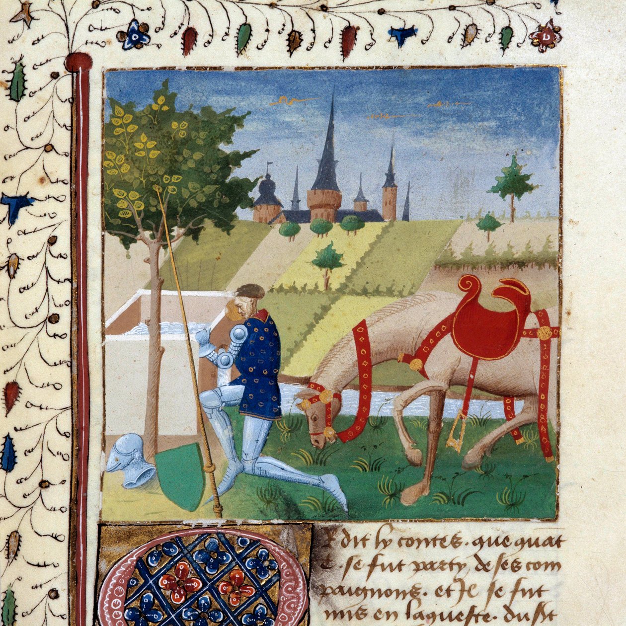 O cavaleiro da Távola Redonda Gauvain (ou Gawain), sobrinho do rei Artur perto de uma fonte. Miniatura do manuscrito "O romance do Quete do Graal" 1450-1460 Dijon, Biblioteca Municipal de Unknown artist