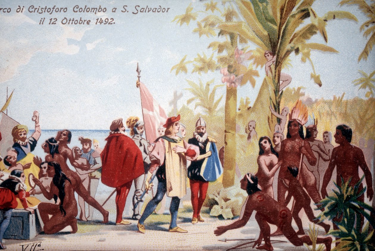 O desembarque de Cristóvão Colombo em San Salvador (Bahamas) em 12/10/1492. cromolitografia do século 19. de Unknown artist