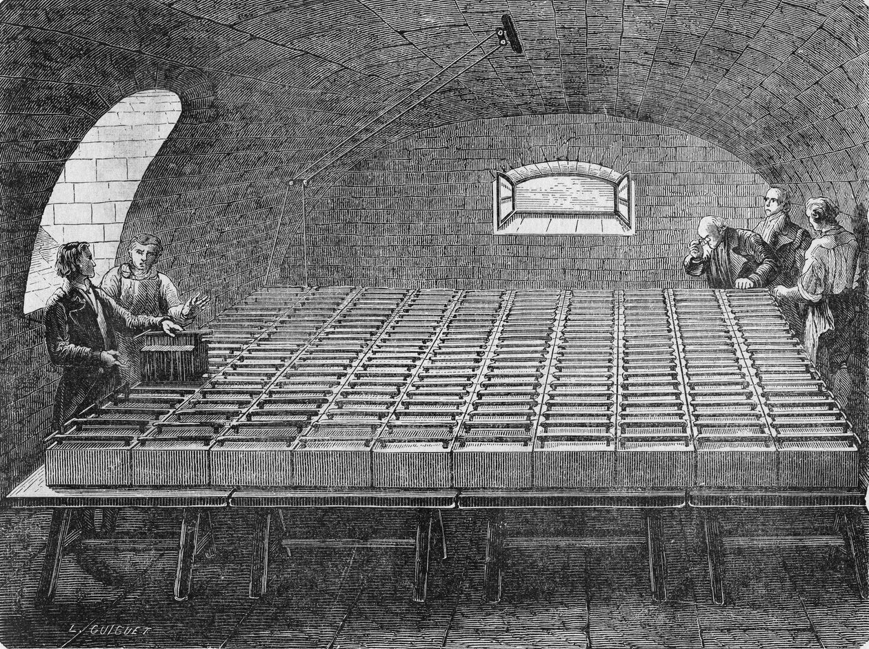 A grande pilha de Hyde Wollaston construída para Humphry Davy em 1807. In" Album de la Science", Éditions Jouvet de Unknown artist
