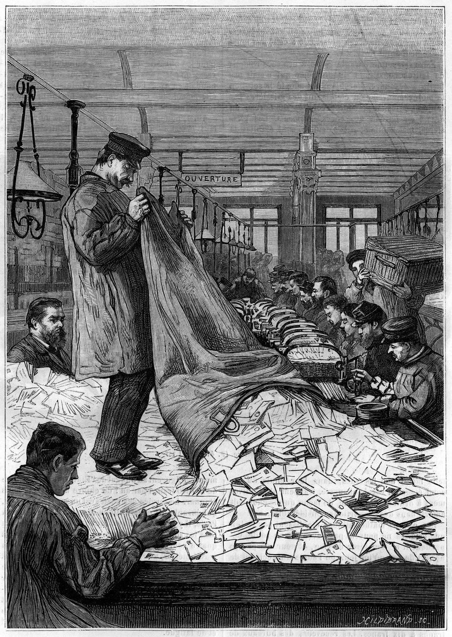 As grandes mesas de cartas nos centros de triagem do Hotel des Postes na Rue du Louvre, em Paris. Gravação na revista "La jeunesse". de Unknown artist