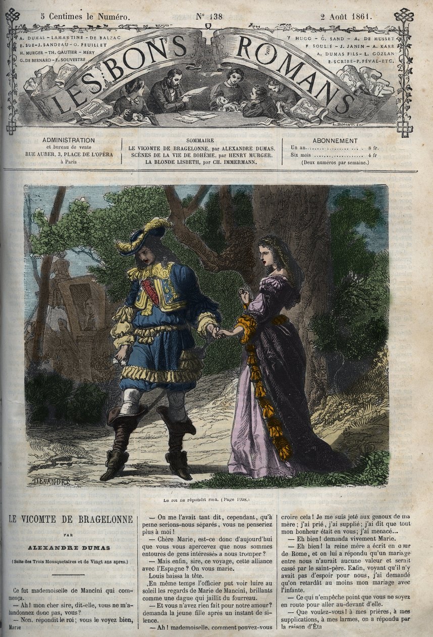 A última entrevista de Marie Mancini (1639-1715) com Luís XIV (1638-1715) antes de sua partida da corte para Brouage em 22 de junho de 1659, o exílio organizado pelo Cardeal Mazarin para mantê-lo afastado do rei - A ilustração tira do "Visconde de Bra de Unknown artist