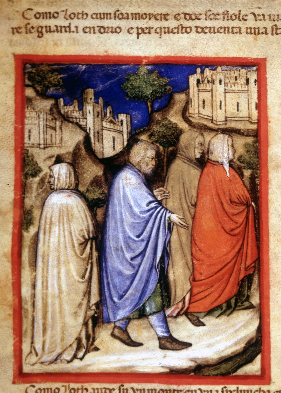 A fuga de Loth e da sua mulher transformou-se numa estátua de sal para olhar para trás. Miniatura do códice 212 (ou códice padovano ou Bíblia de Pádua) 1390-1400 Rovigo, Accademia dei Concordi de Unknown artist
