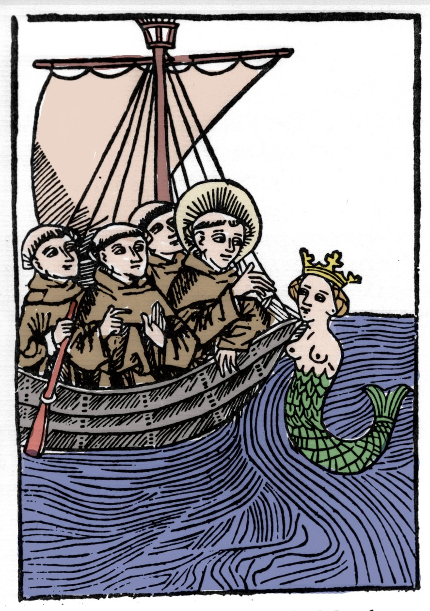 A lenda de Saint Brendan (Brandan), heróis e santo irlandês do século VI. O encontro de Saint Brendan com o Sirene. Gravação de "Die Wunderbare Meerfahrt des Hl. Brandan". Bale de Unknown artist