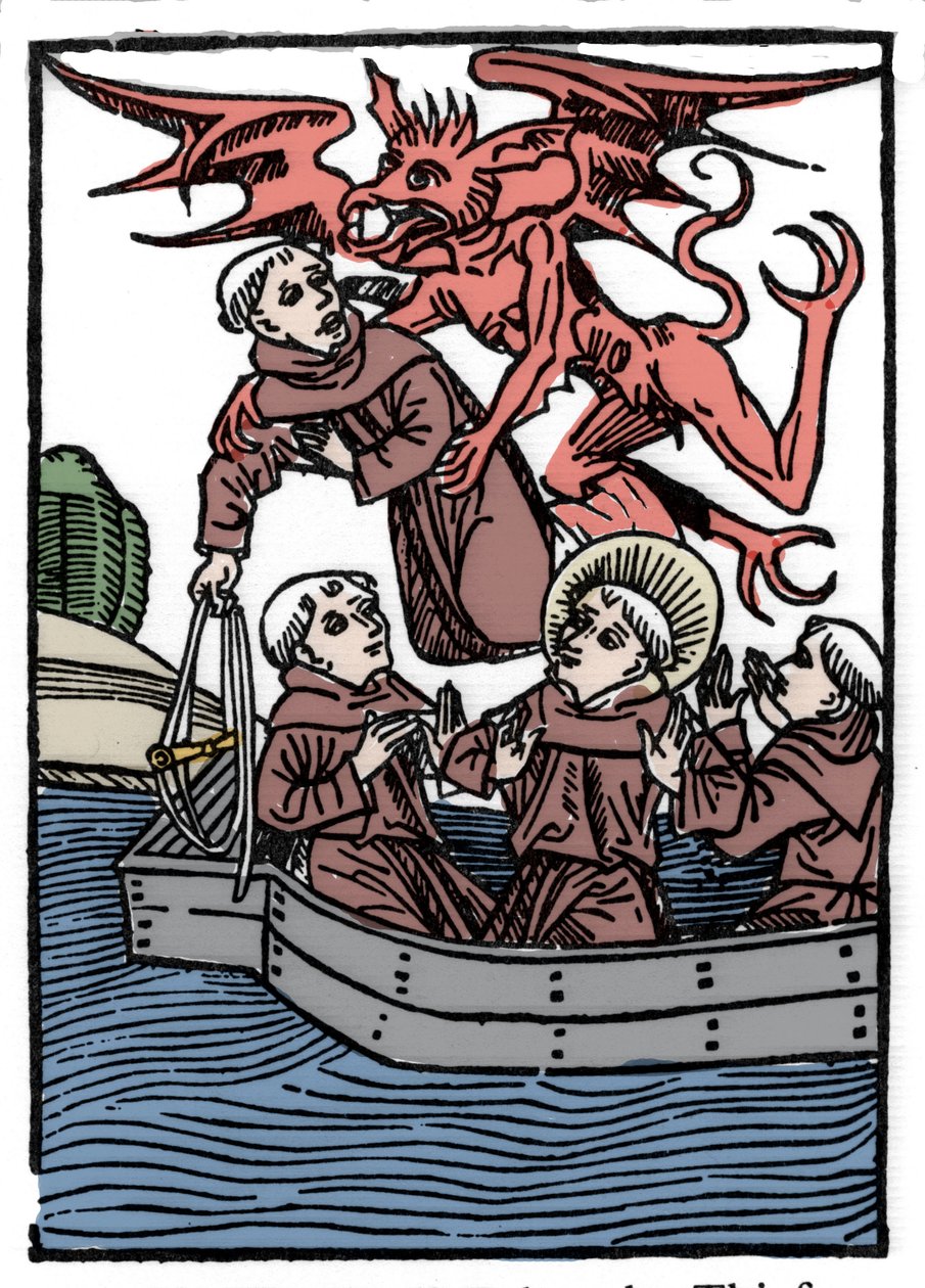 A lenda de São Brendan (Brandan), heróis e santo irlandês do século VI O diabo leva o monge ladrão. Gravação de "Die Wunderbare Meerfahrt des Hl. Brandan". Bale de Unknown artist