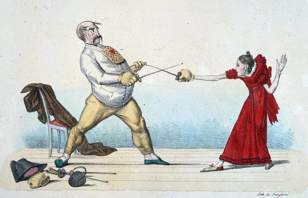 A lição da esgrima: como endireitar o tamanho dos jovens e prevenir acidentes - século XIX, Musee Carnavalet. de Unknown artist
