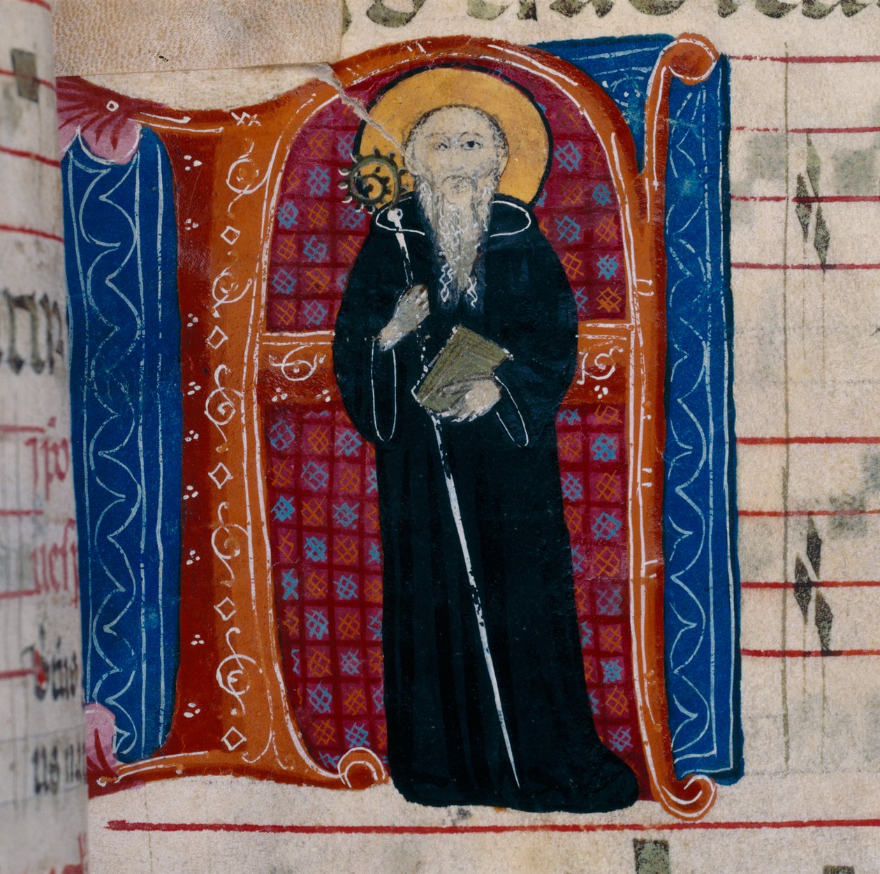 A letra A com uma representação de São Bento: f.70r de um antifonário de Unknown