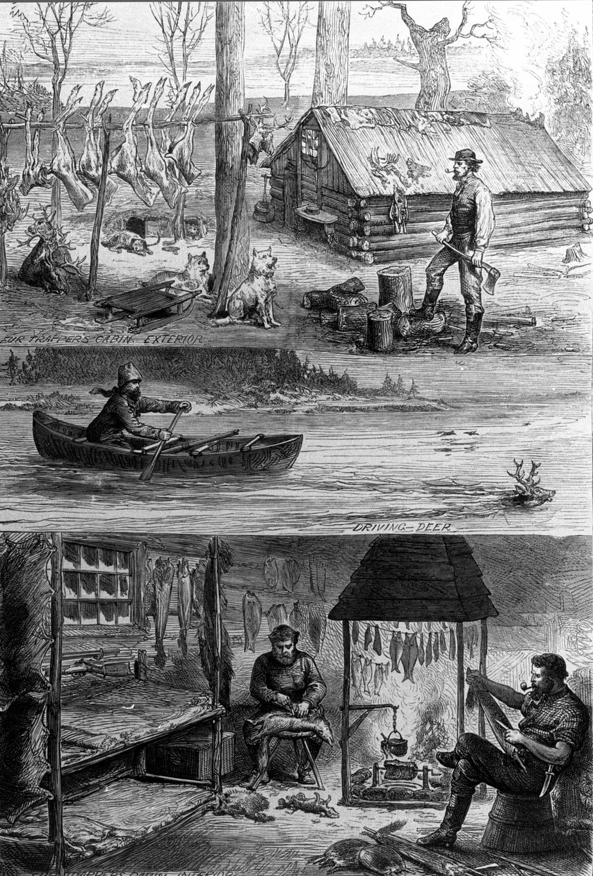 A vida dos caçadores (caçadores profissionais) no Canadá: na parte superior, um dos caçadores fica perto da sua cabana, na parte inferior, eles trabalham o couro e extraem o pêlo da pele da beterraba. Gravura do século XIX de Unknown artist