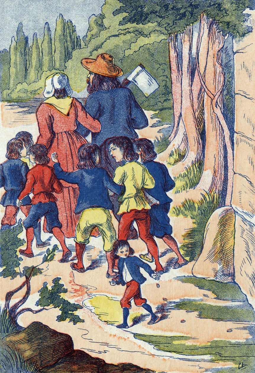 O pequeno poucet semeia rochas no seu caminho. Ilustração para "Le Pepetit poucet", conto de Charles Perrault (1628-1703), escritor francês. Ilustração anônima. Imagery Marcel Vagne, Jarville Nancy, sem data (final do século XIX). de Unknown artist