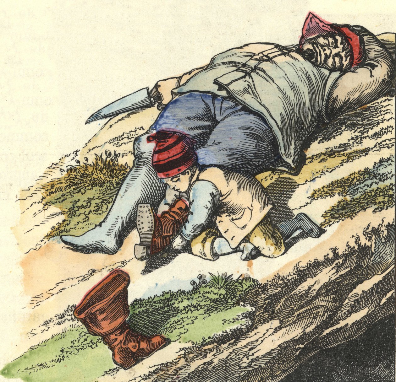 O pequeno poucet rouba as botas de 7 lugares do ogre adormecido. Ilustração do conto "Le Pepetit Poucet" de Charles Perrault de Unknown artist