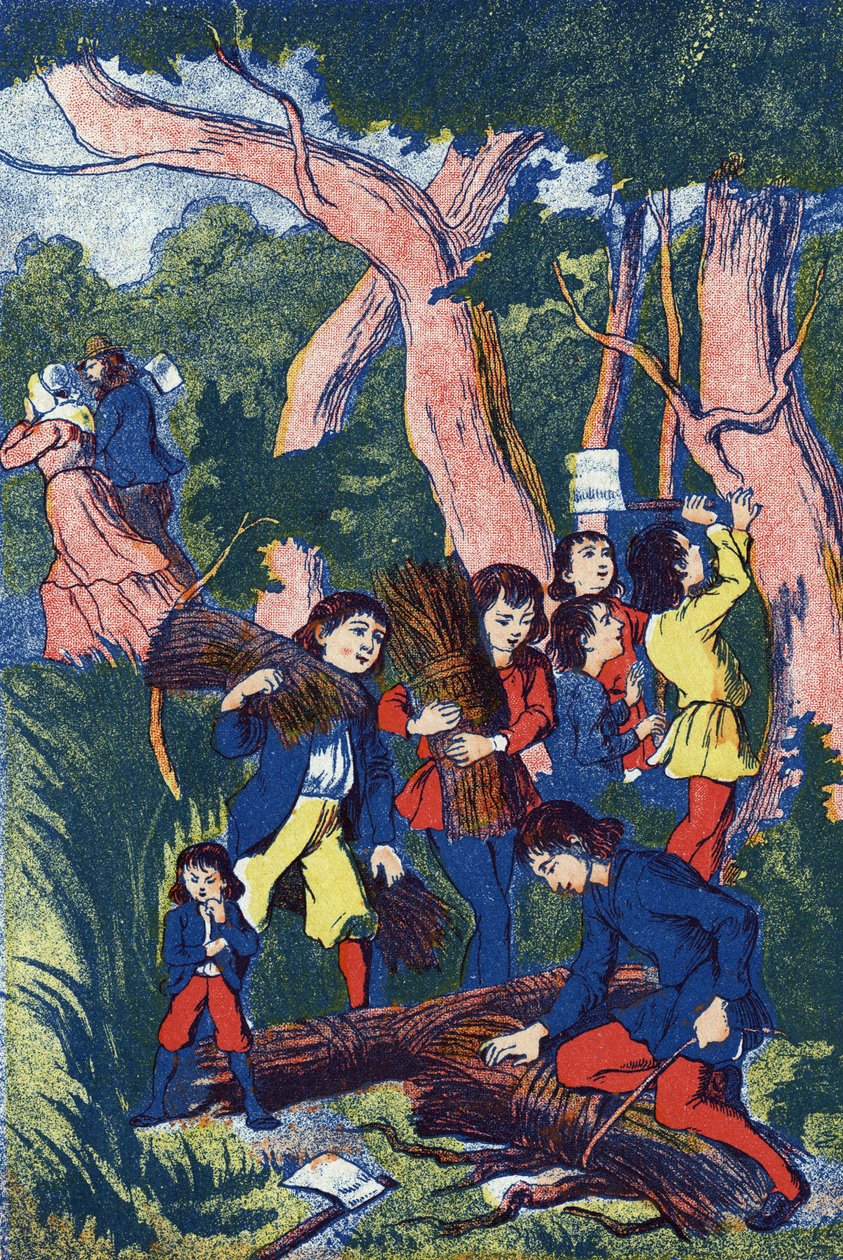 Os madeireiros abandonam seus filhos, Ilustração para "Le Pepetit poucet", conto de Charles Perrault (1628-1703), escritor francês. Ilustração anônima. Imagery Marcel Vagne, Jarville Nancy, sem data (final do século XIX). de Unknown artist