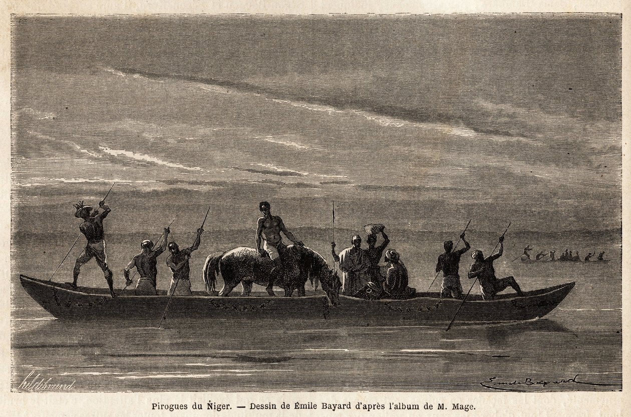 As longas canoas das Bambaras no rio Níger, manobradas com longos poleiros, podem transportar várias pessoas e até gado ou cavalos. Gravura para ilustrar a viagem ao Sudão Ocidental do Tenente (Marinha) M.Mage, em 1863-1866, publicada em "Le tour du mo de Unknown artist