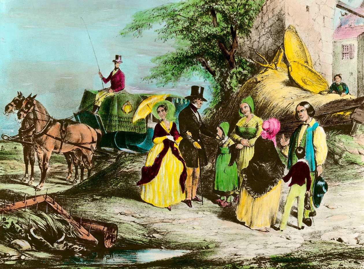 O senhor e seu fazendeiro O dono da fazenda visita os camponeses. Gravura da Coleção Privada do século XIX de Unknown artist