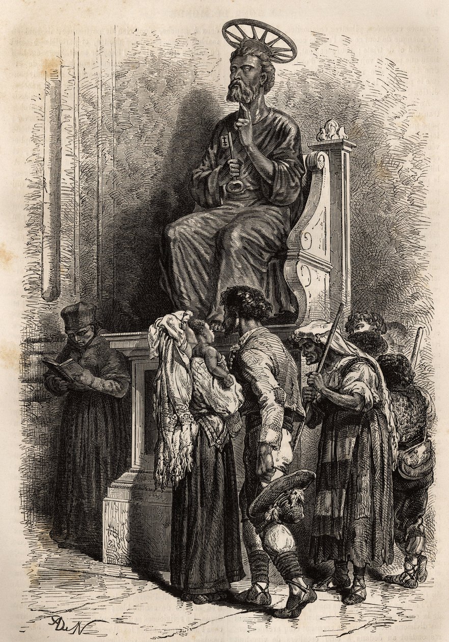 O pé inferior da estátua de bronze de São Pedro, um objeto de veneração pelos pelerins católicos que entram na Basílica de São Pedro do Vaticano. Gravura para ilustrar a história de Ludovic Celler: la semaine sainte à Rome, en 1863, in "Le tour du monde, n de Unknown artist