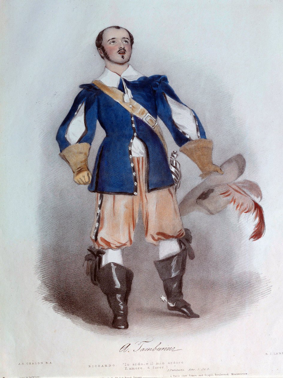 O cantor lírico Antonio Tamburini (1800-1876) no papel de Riccardo para a ópera "I puritani" de Vincenzo Bellini (1801-1835), aguarela de 1836. Paris, biblioteca do Museu da Ópera de Unknown artist
